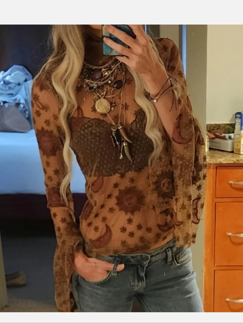 RARE! Free People Sun Moon & Stars Beaded Sheer Top Stretch xs