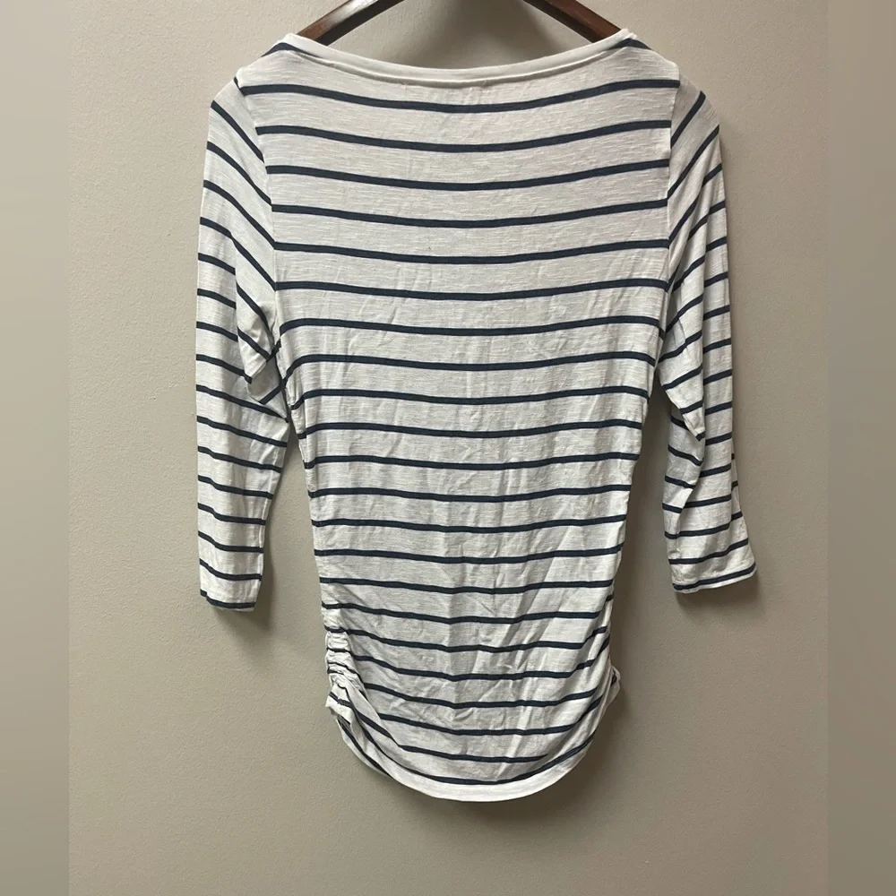 White House Black Market WHBM Ruched-Side 3/4 Sleeve Tee Stripped XS