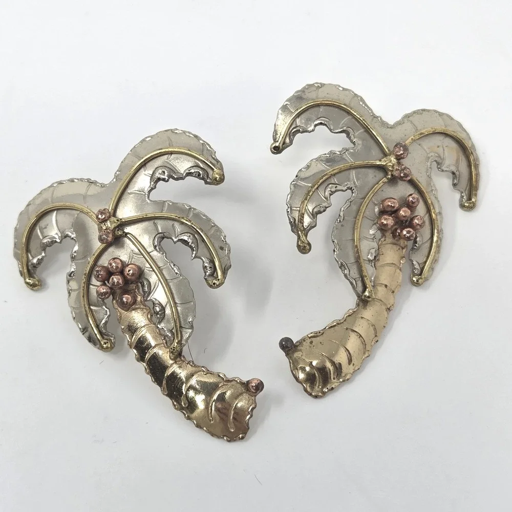 Palm Trees Coconuts Vintage Earrings Mixed Metals Gold & Silver‎ Plated Brass