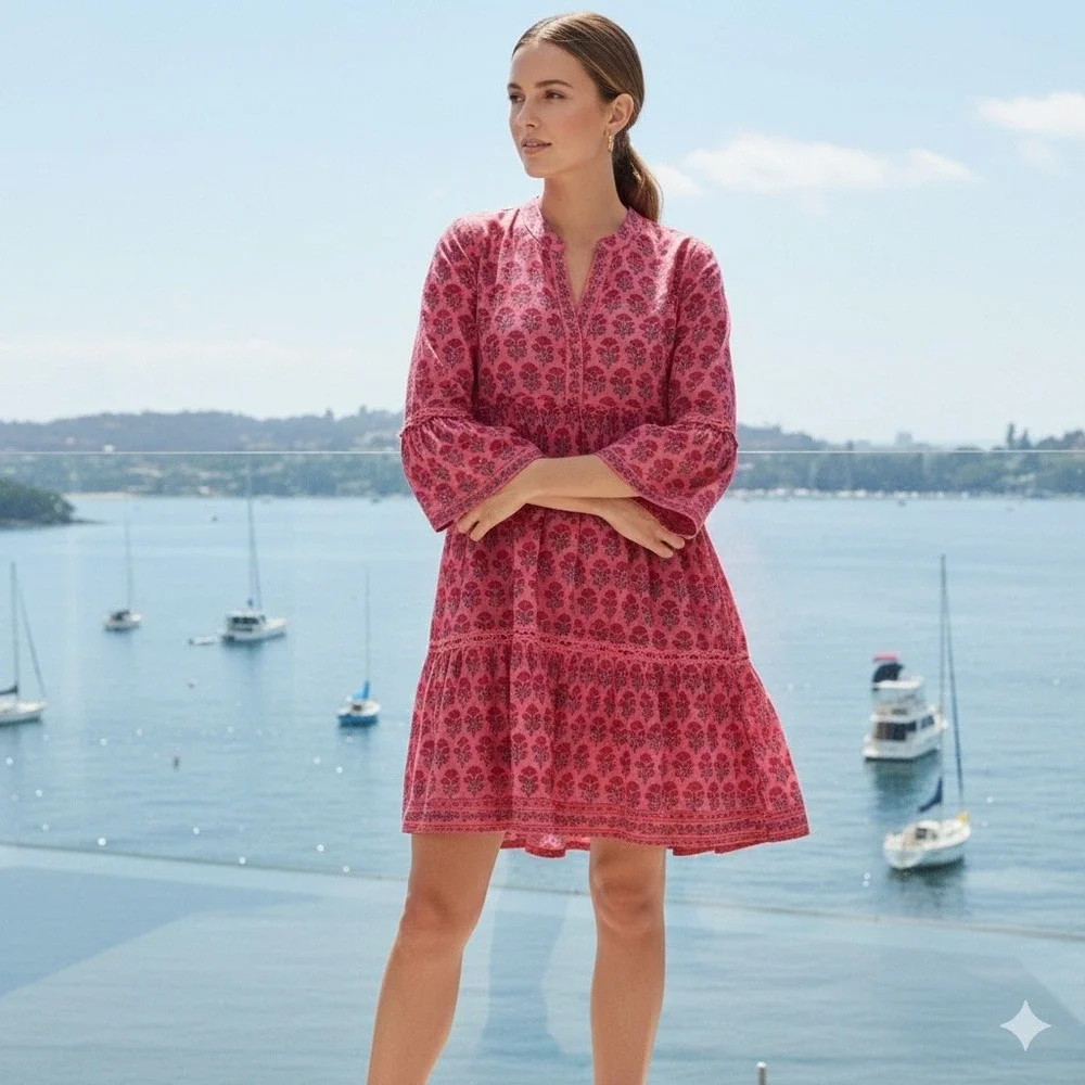 Lola Australia Morocco Mini Strawberry Dress, XXS, Pink Floral Bell Sleeve Boho