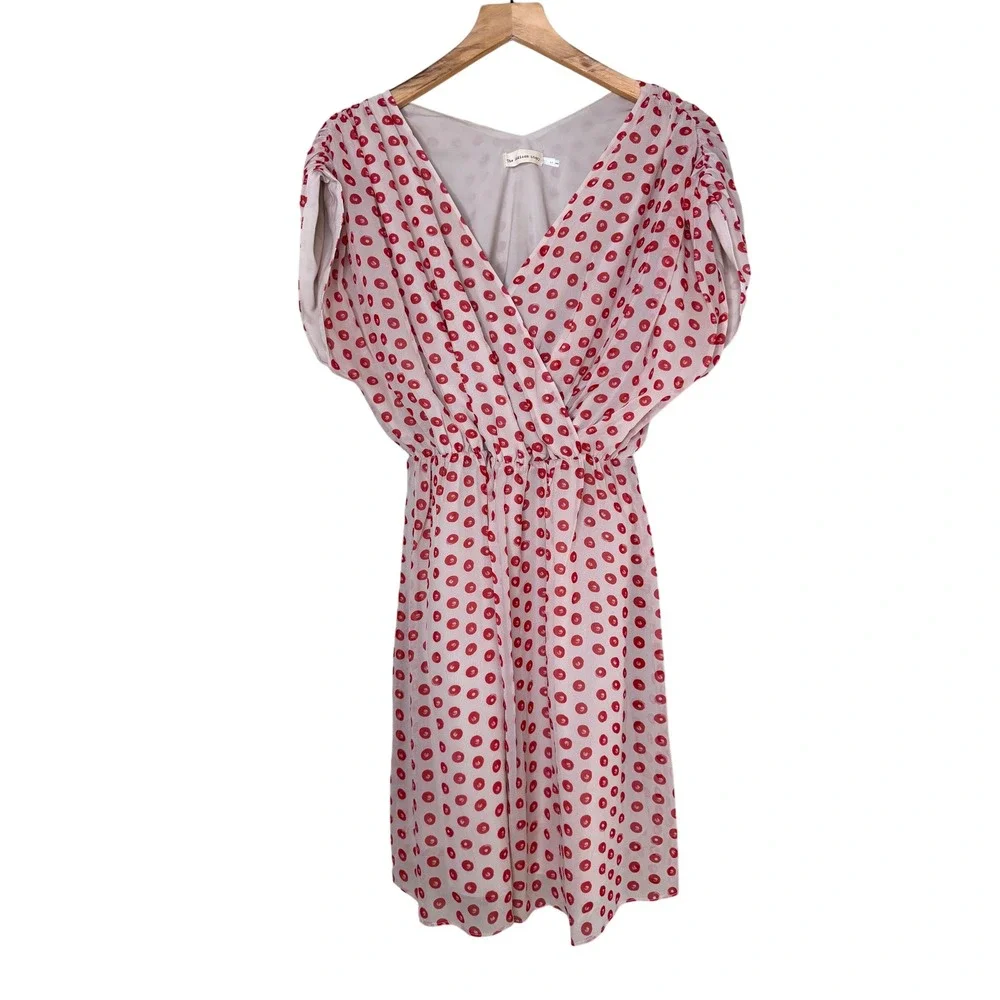 The Addison Story Anthropologie 100% Silk Red Dot Mini Dress XS Ruched Sleeve