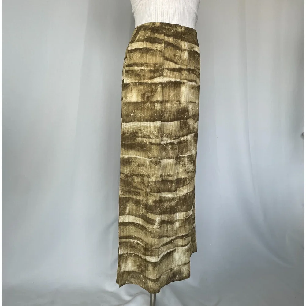 Boho Midi Skirt Size Small Green Brown Abstract Crinkle Pleated Fairy Whimsigoth