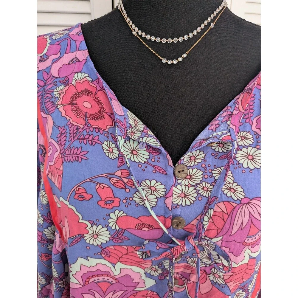 Rusttydustty Romper Womens 2X Purple Floral Peasant Sleeve Cottage Core Boho NEW