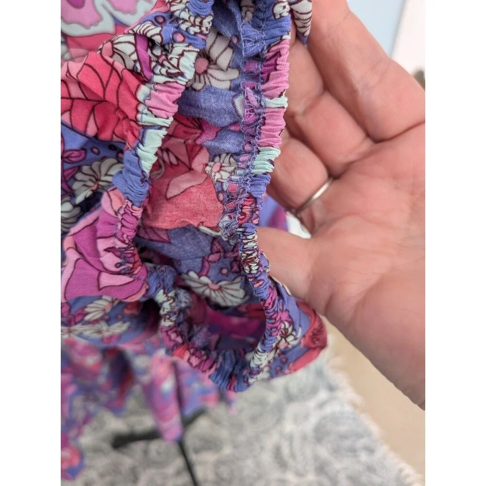 Rusttydustty Romper Womens 2X Purple Floral Peasant Sleeve Cottage Core Boho NEW