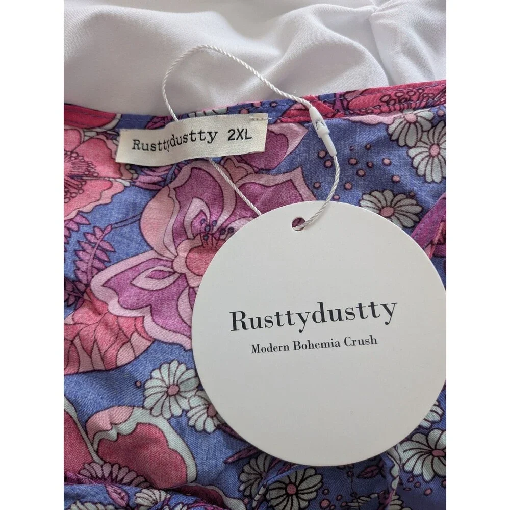 Rusttydustty Romper Womens 2X Purple Floral Peasant Sleeve Cottage Core Boho NEW