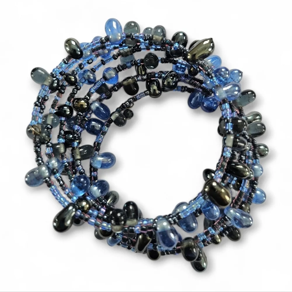 Blue Crystal Beaded Coil Wrap Bracelet, 8-Layer Glass Seed Bead Boho Jewelry