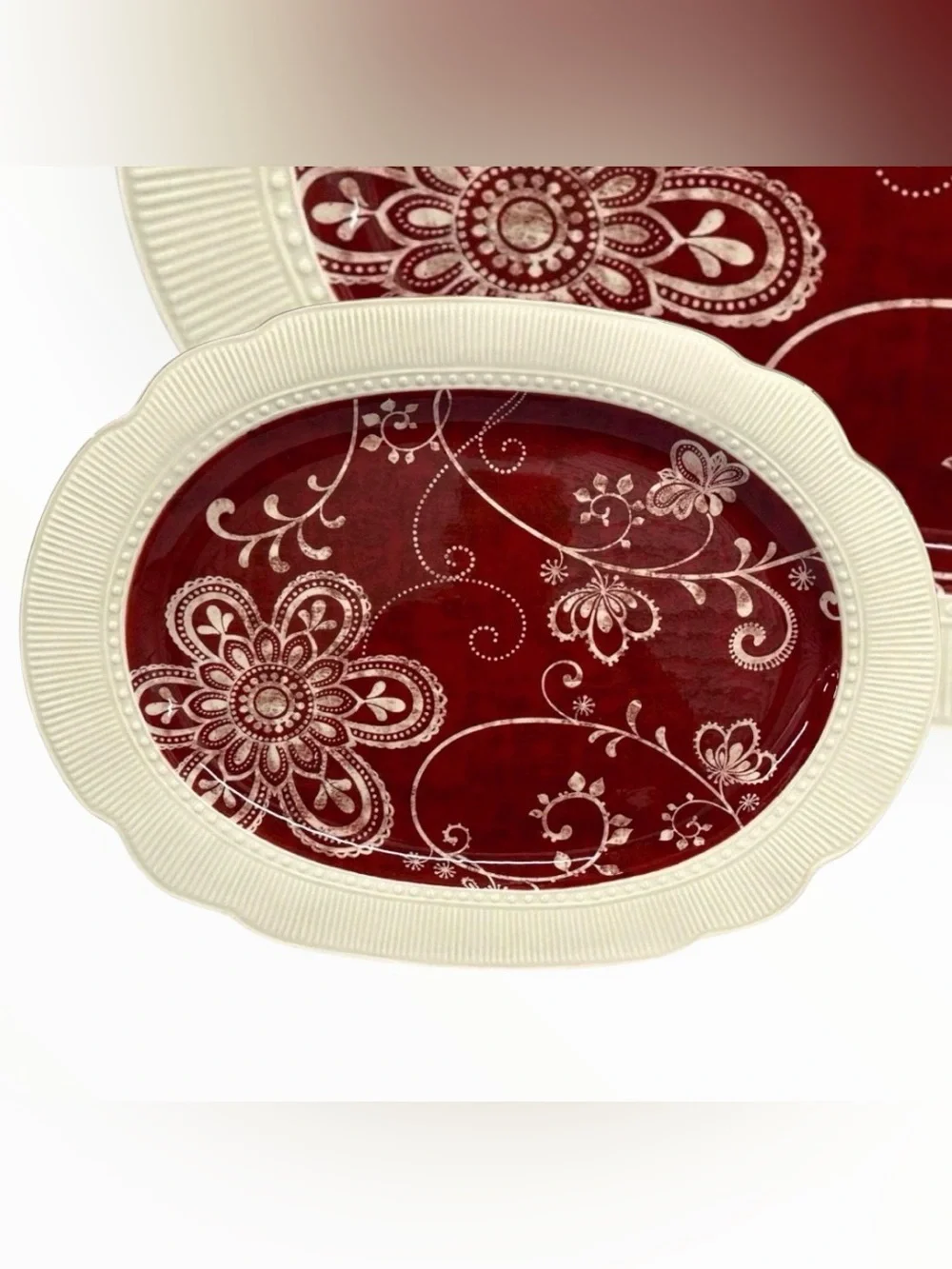 Pier 1 Imports Maribeth 18” Oval Serving Platter Burgundy Cream Ironstone