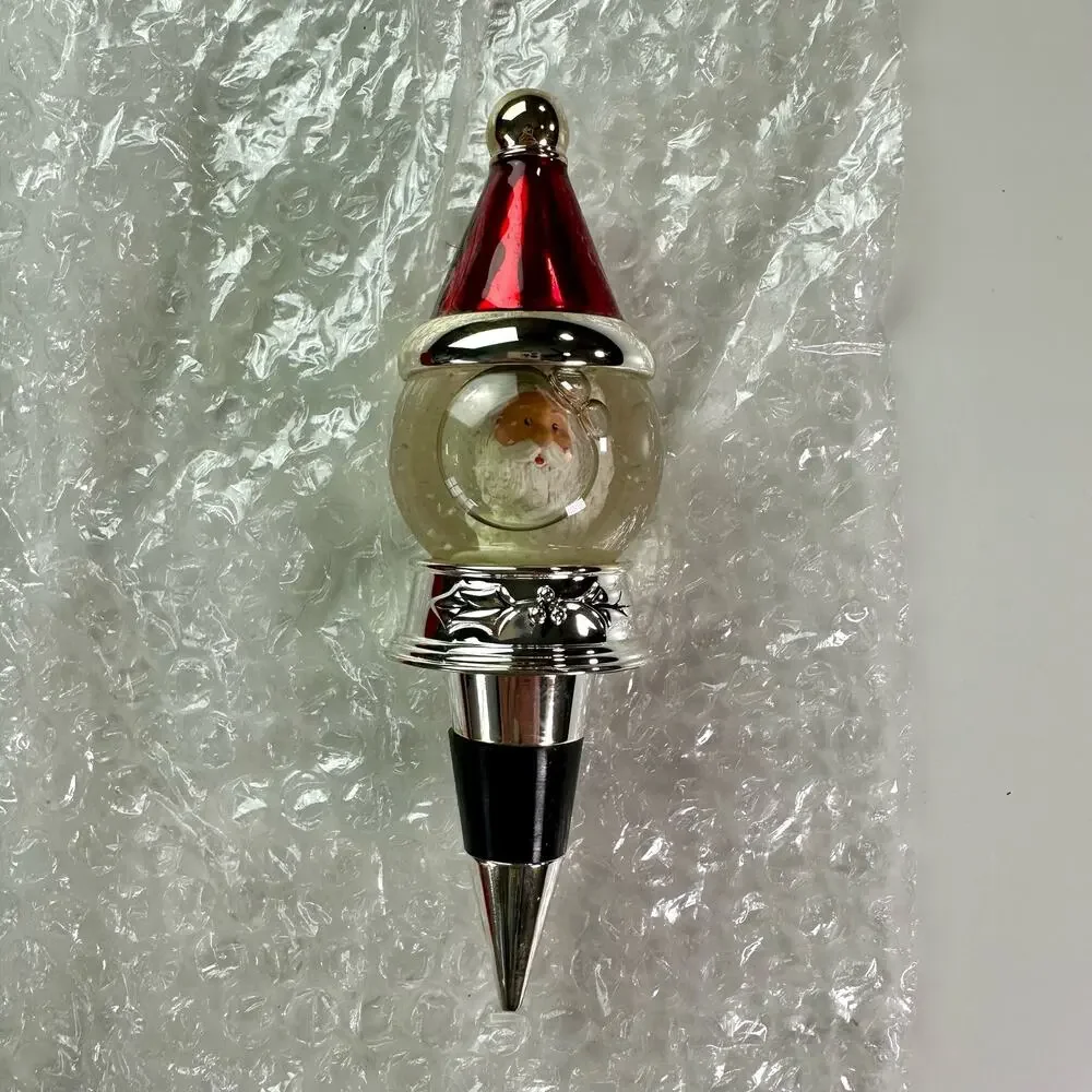 Neiman Marcus Santa Claus Snow Globe Heavy Glass Wine Bottle Stopper Christmas