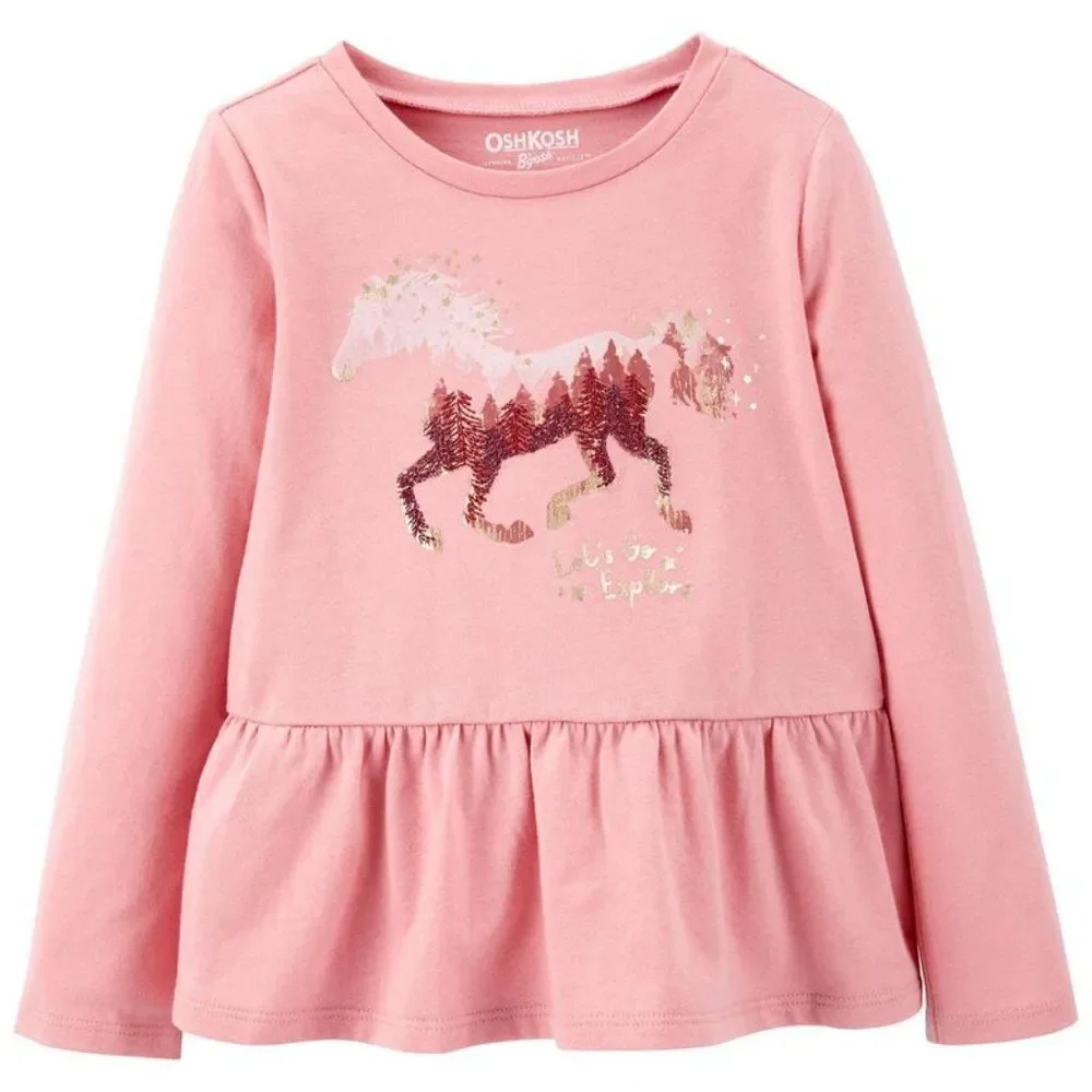 OshKosh Pink Ruffle Horse Let's Explore Long Sleeve Top Shirt 24‎ Months New