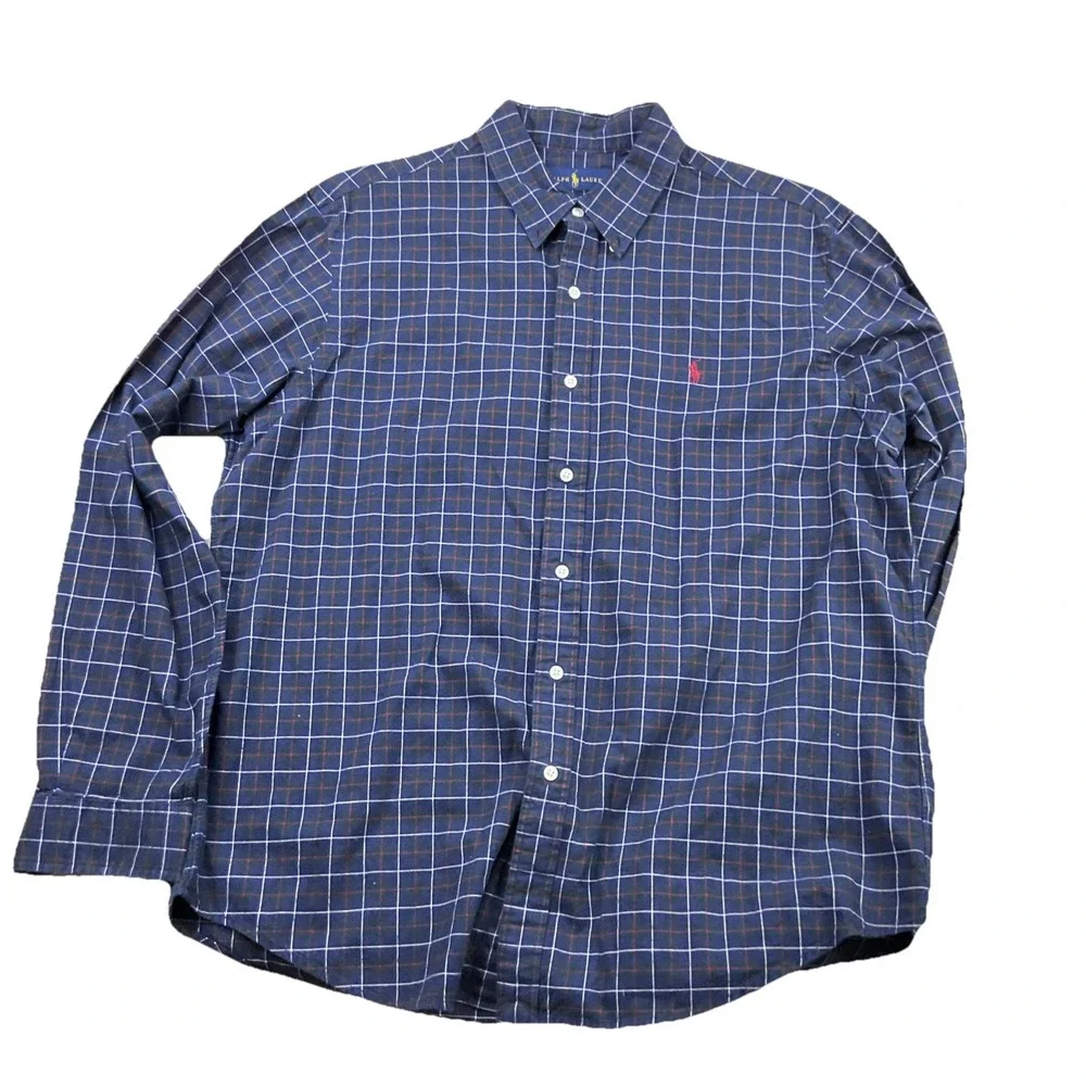 Polo‎ Ralph Lauren Shirt Men Sz XL Long Sleeve Plaid Checks Cotton Blue Pony
