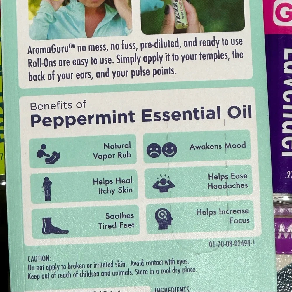NEW AROMA GURU 3 Roll on Tea Tree Oil Lavender Peppermint Essential Oil