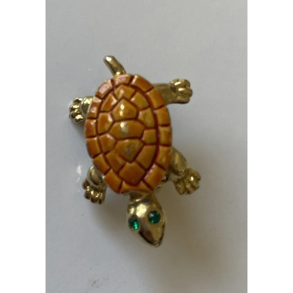 VTG Gold Tone Enamel Turtle Green Rhinestone Eyes 1 
