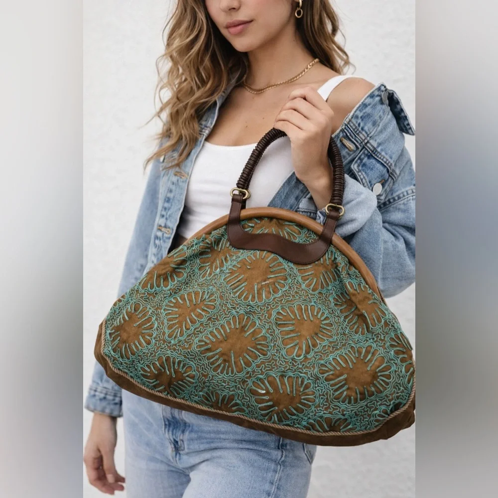 Tocca‎ Brown Embroidered Satchel with Wooden Handles