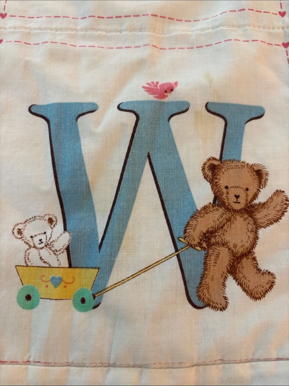 Vintage Handmade Blue Alphabet Teddy Baby Quilt - Adorable Hung on Wall/Display