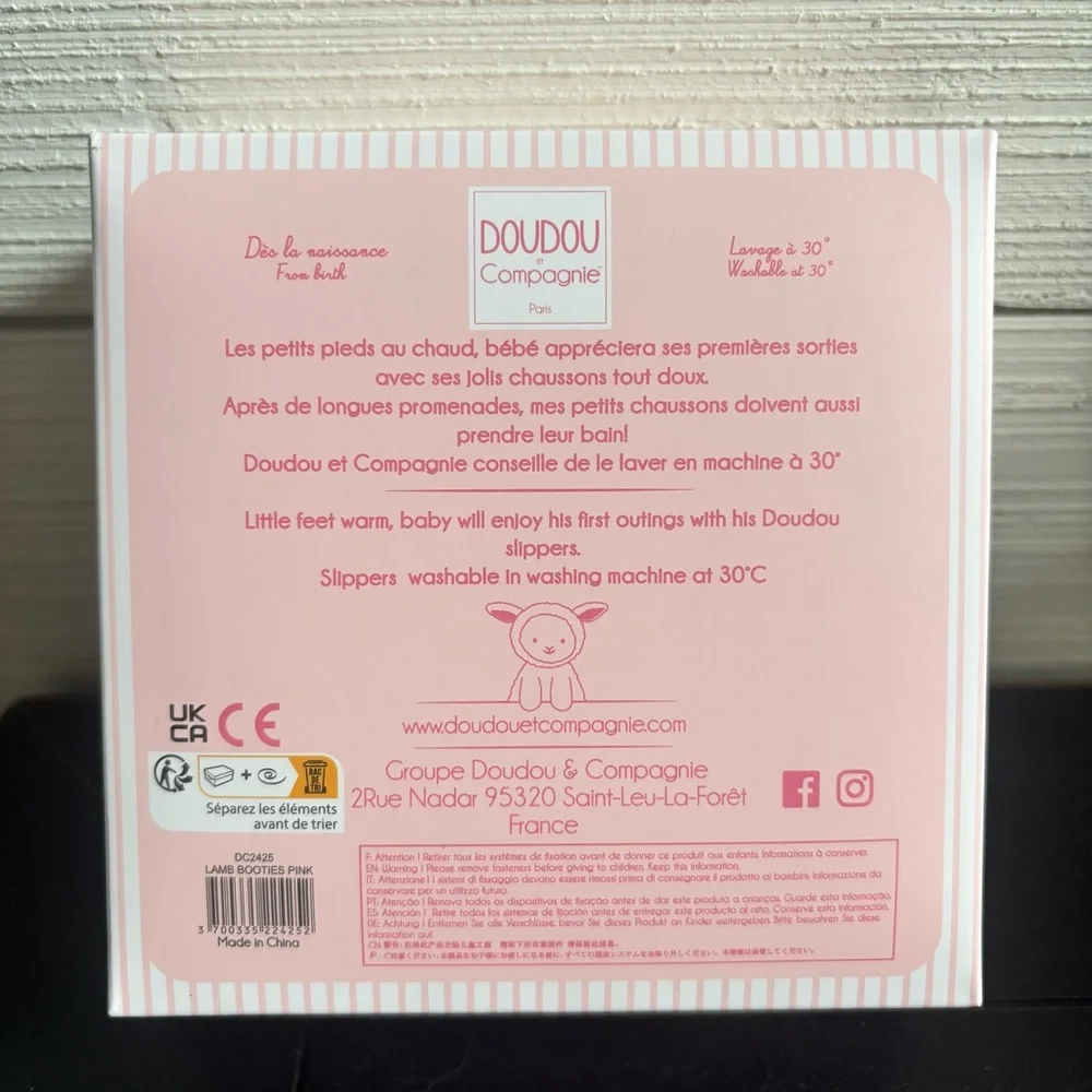 New Doudou et Compagnie Paris Baby Lamb Booties Pink Soft Plush Rattle Slippers
