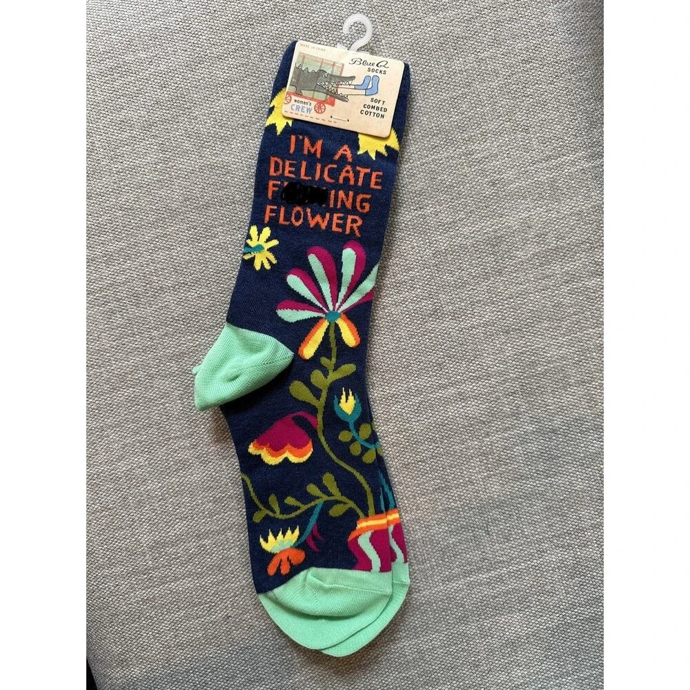 Blue Q Women Crew Socks Delicate F*cking Flower Blue NWT Size 5-10 Funny Novelty