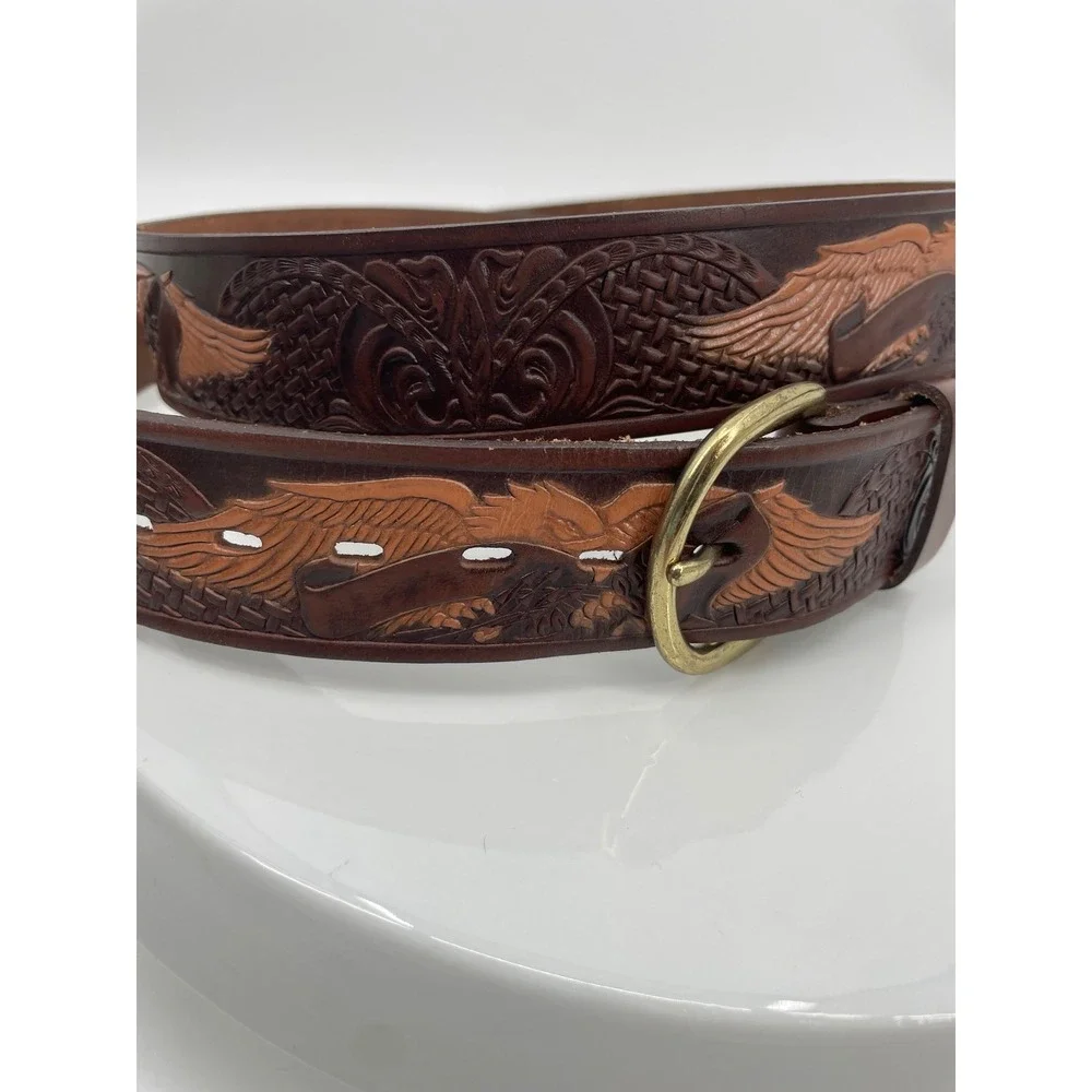Vintage Western Belt Mens 50 Brown Top Grain Leather Tooled Eagle Brass Buckle