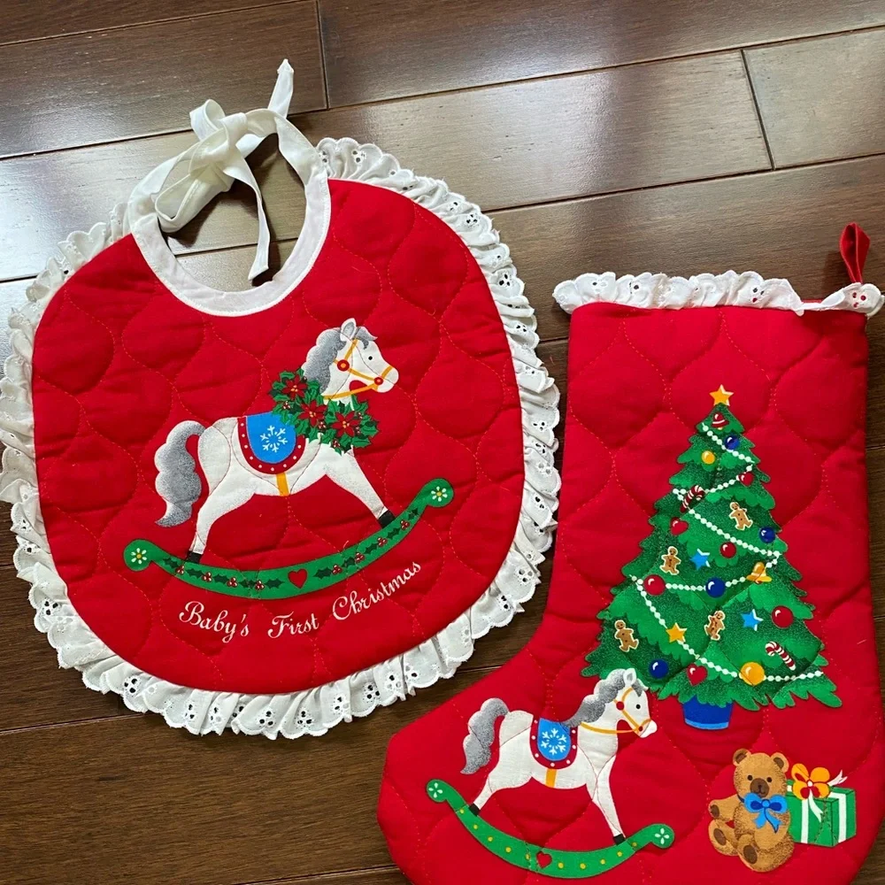 Vintage Baby's First Christmas Red Bib and matching stocking