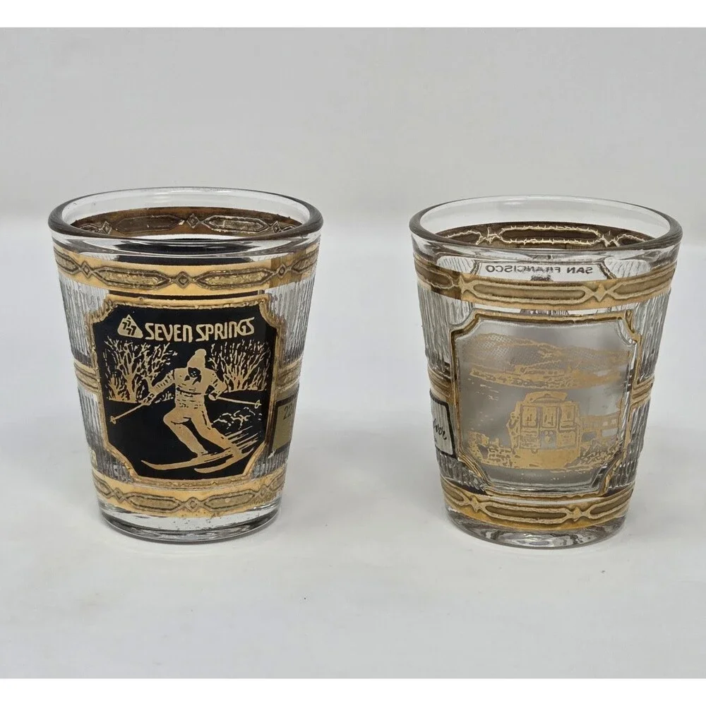 Culver 22K Gold Shot Glass Set Seven Springs San Francisco 1960s SouvenirCulver