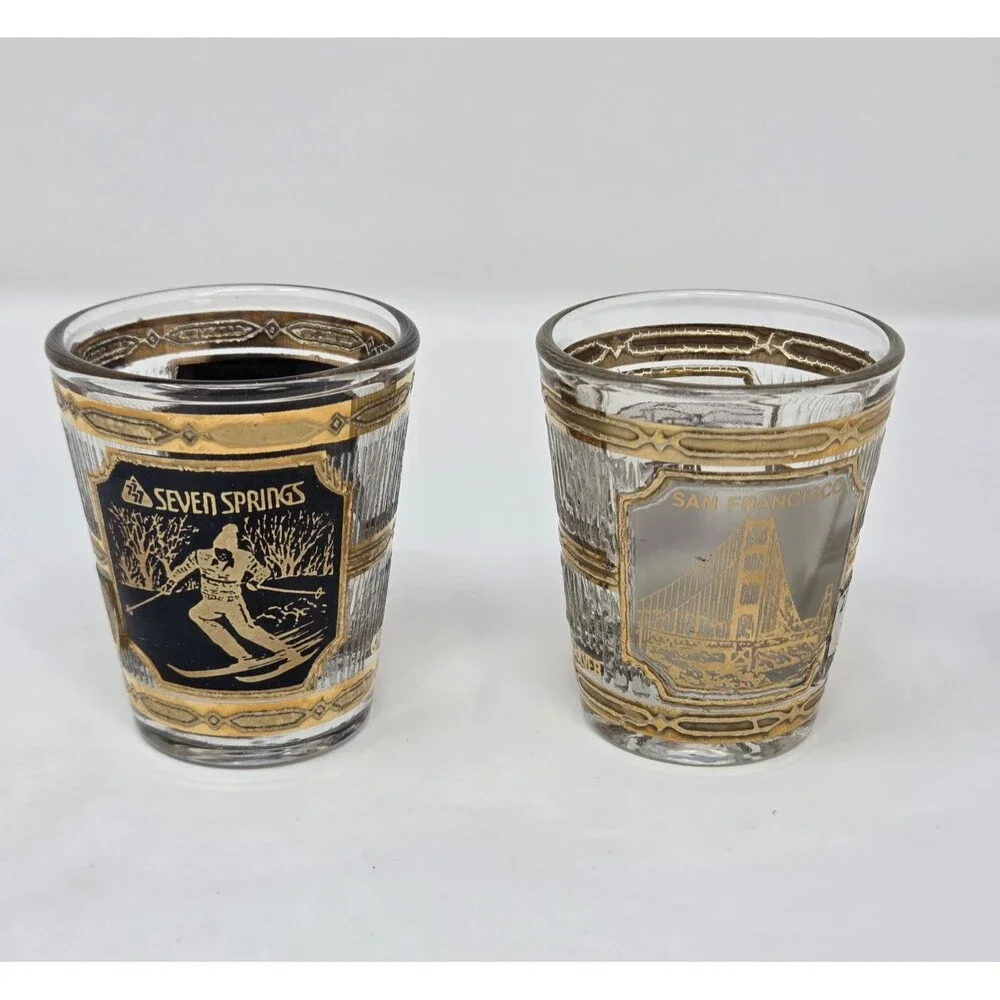 Culver 22K Gold Shot Glass Set Seven Springs San Francisco 1960s SouvenirCulver