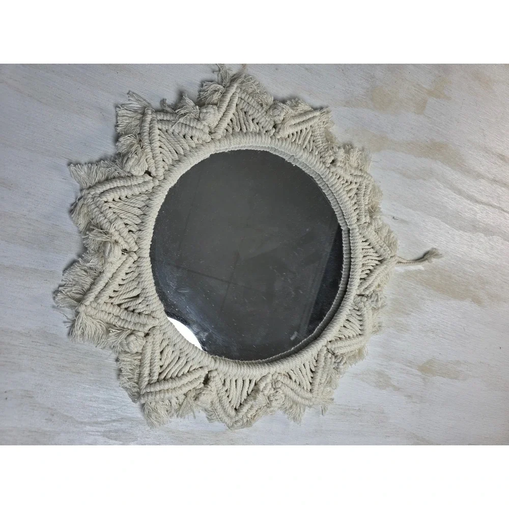 Boho Macrame Wall Mirror Ivory Cotton Rope Sunburst Round Cottagecore 14 Inch