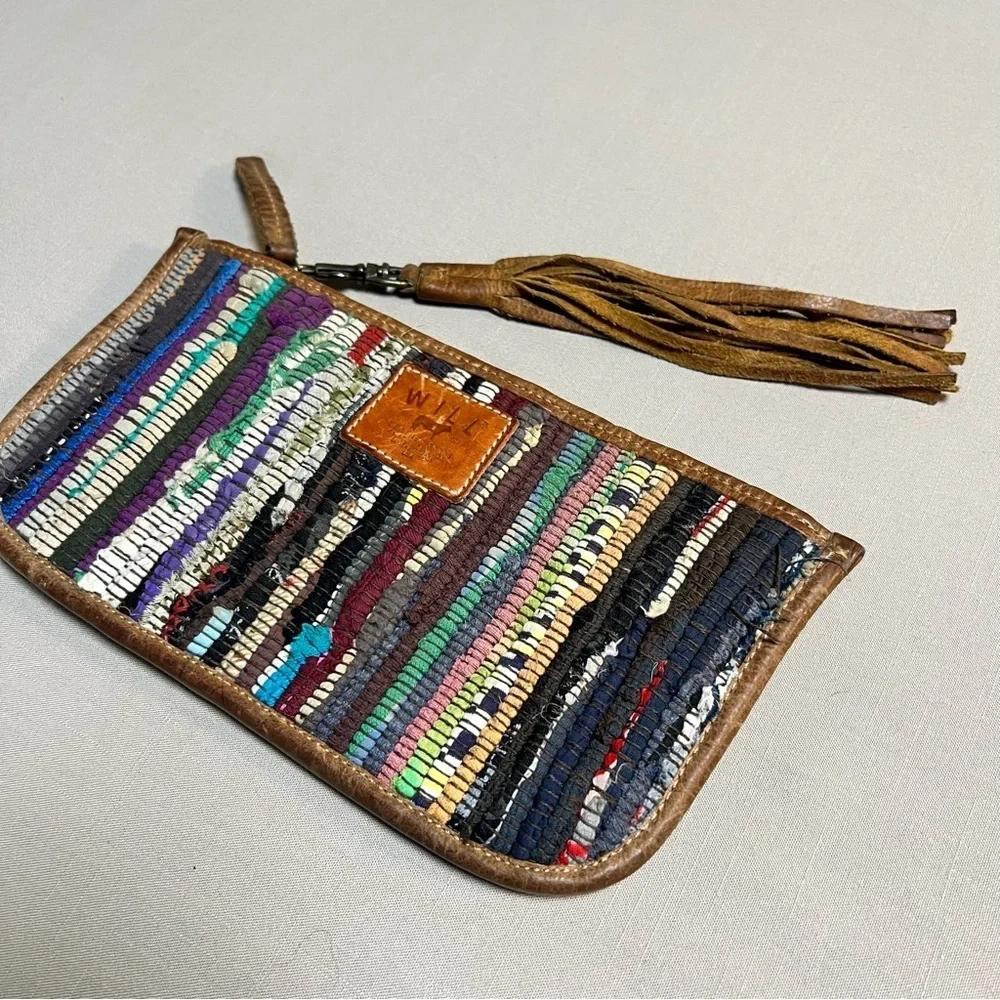 Will Leather Goods Woven Boho Clutch Wristlet • Leather Trim • Multicolor