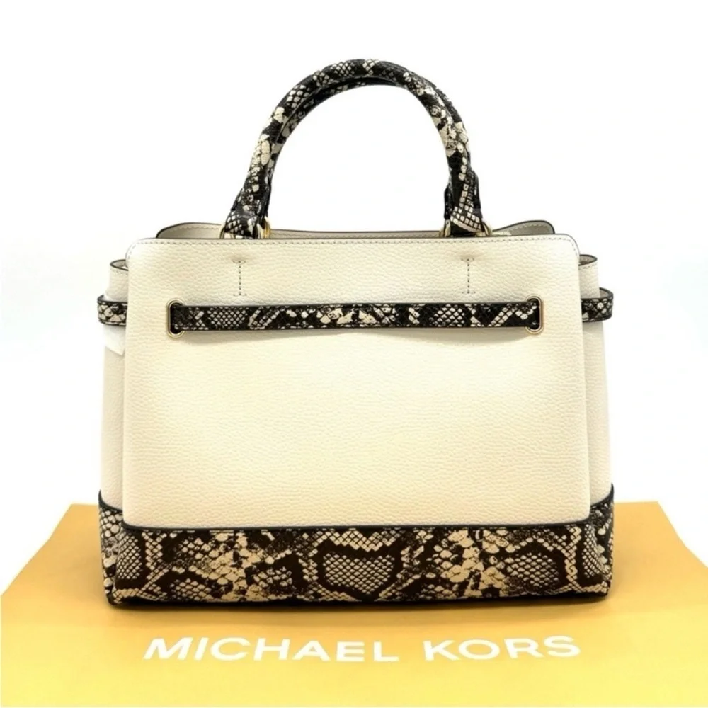 Michael Kors Reed Large Belted Satchel Crossbody Bag Light Cream Snakeskin