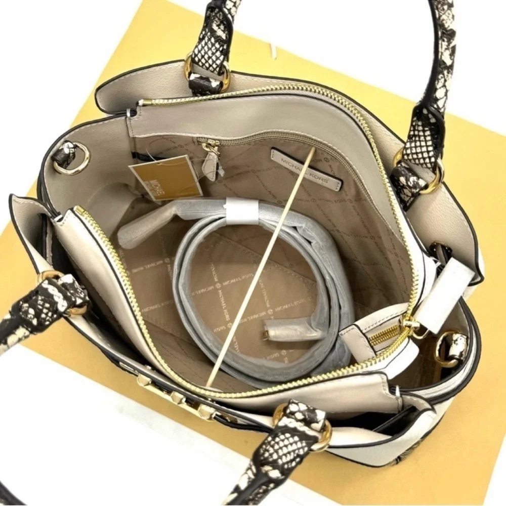 Michael Kors Reed Large Belted Satchel Crossbody Bag Light Cream Snakeskin