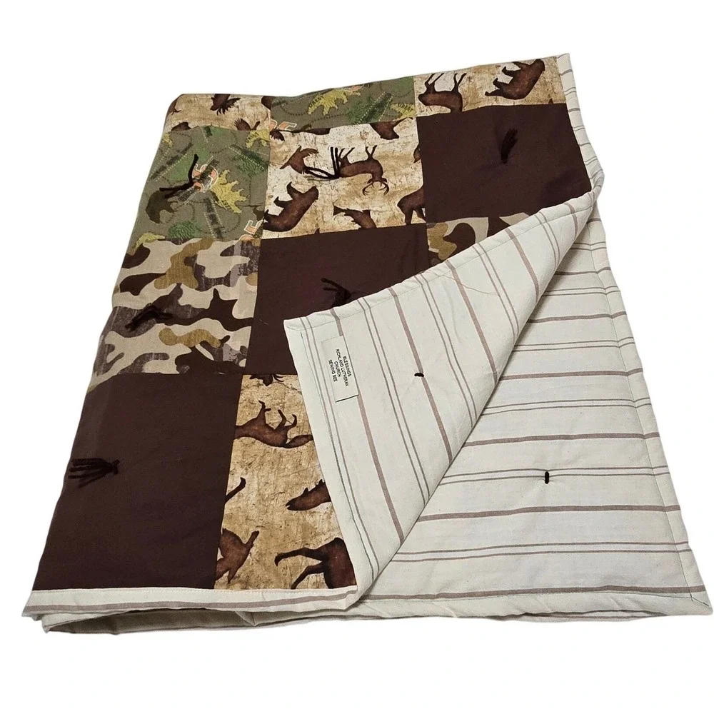 New Handmade Quilted‎ Blanket Patchwork Camo Deer Fox Fish Nature Print /0186