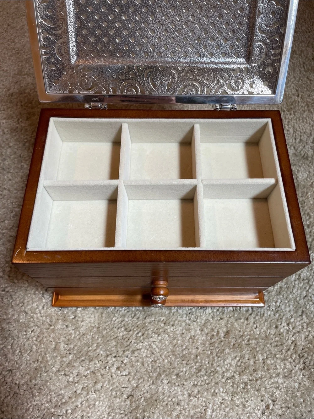 Brighton Wooden Jewelry Chest with Intricate Silver-Tone Top