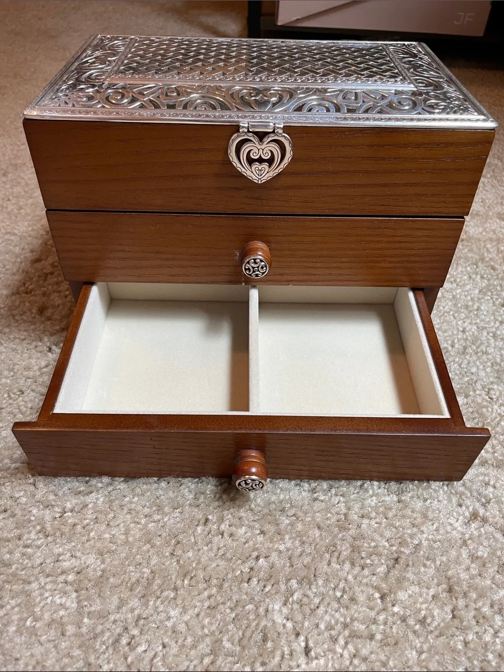 Brighton Wooden Jewelry Chest with Intricate Silver-Tone Top