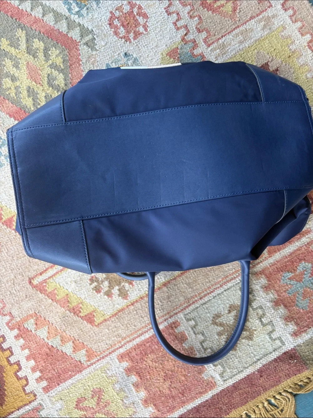 Tory Burch Ella Embroidered Logo Nylon & Leather Tote Bag. Navy