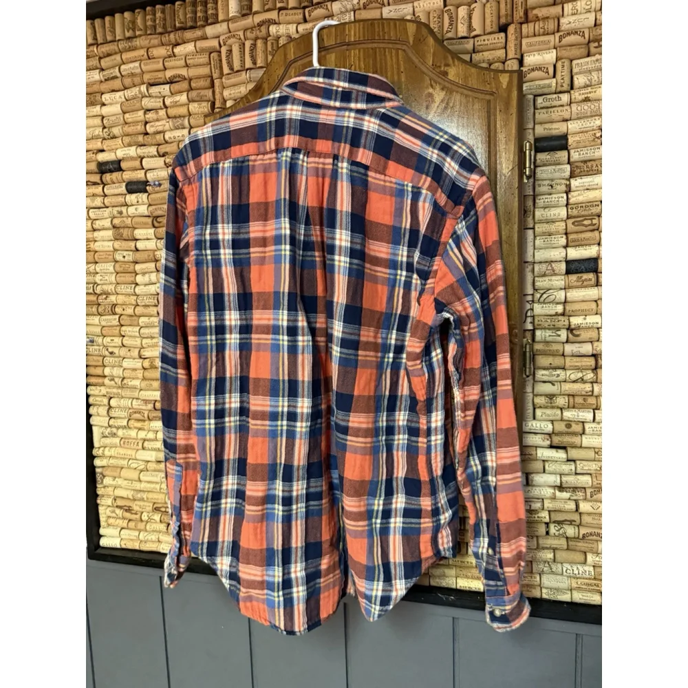 Ralph Lauren Polo Shirt Mens Orange Blue Plaid Flannel Mountain Equipment Logo S