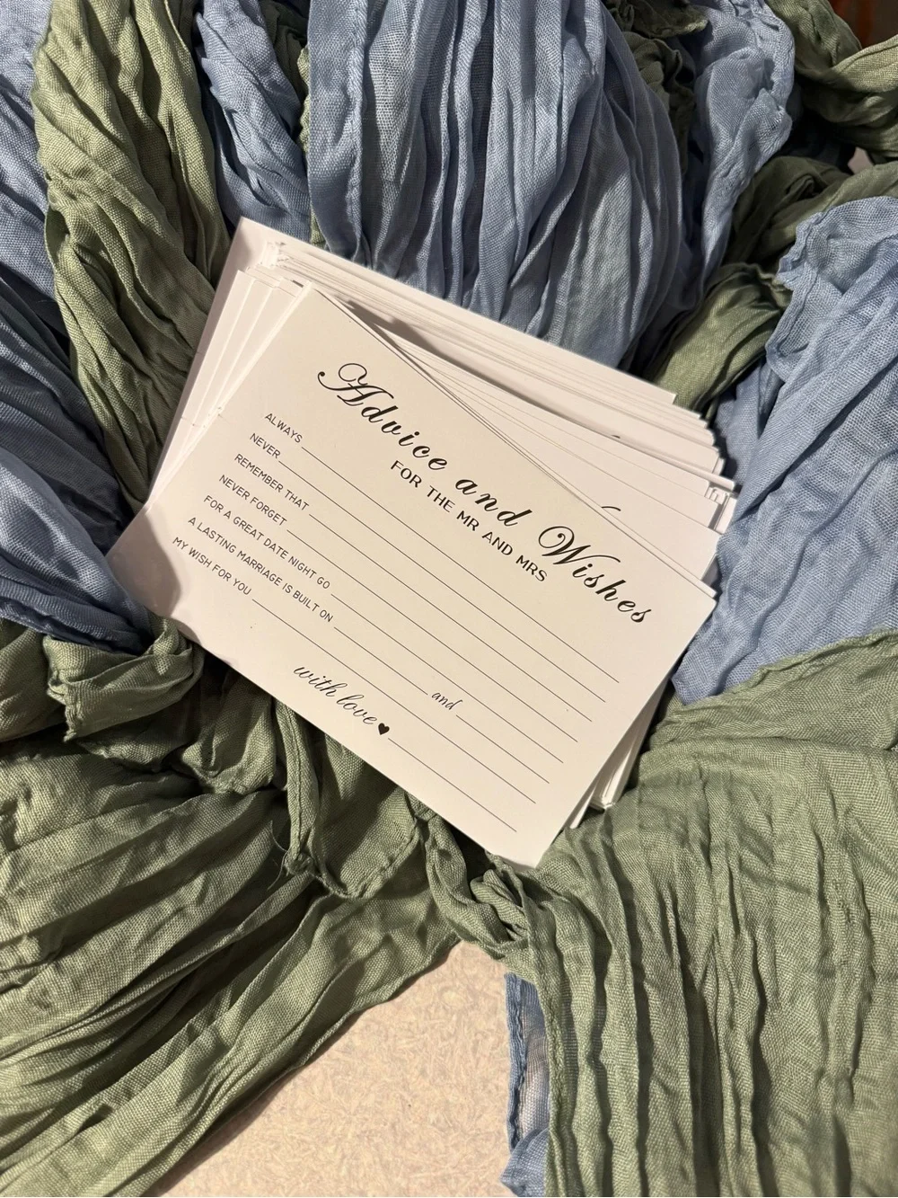 Lot of 12 cheesecloth table runners- dusty blue and sage green (9ft)