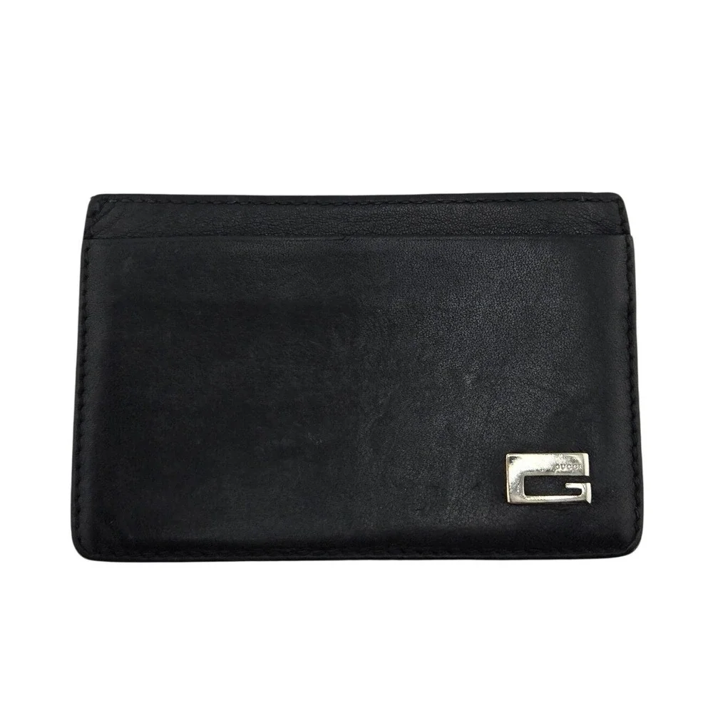 Gucci Black Leather Card Holder Wallet Silver G Logo 034.0416.2118 Mens Womens