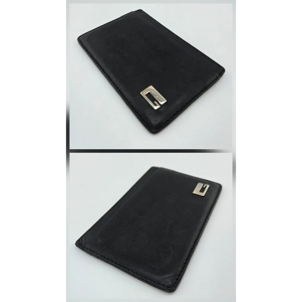 Gucci Black Leather Card Holder Wallet Silver G Logo 034.0416.2118 Mens Womens