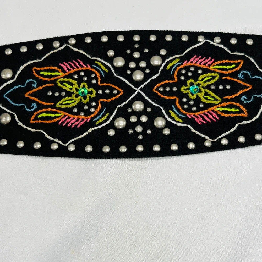 Faux Suede Embroidered Studded‎ Embroidered Wide Waist Belt Sz L Boho Festival