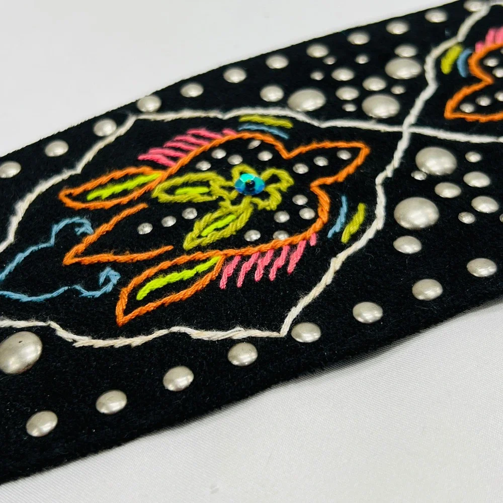 Faux Suede Embroidered Studded‎ Embroidered Wide Waist Belt Sz L Boho Festival