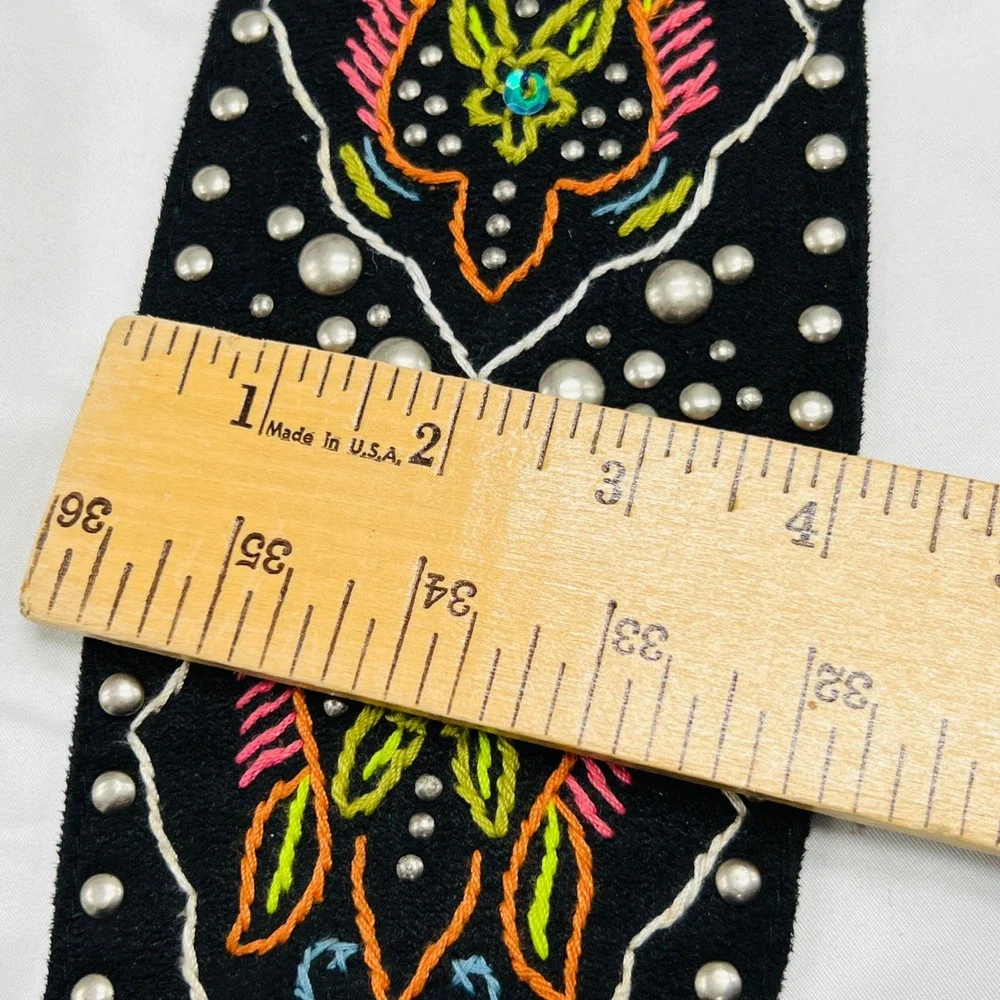 Faux Suede Embroidered Studded‎ Embroidered Wide Waist Belt Sz L Boho Festival