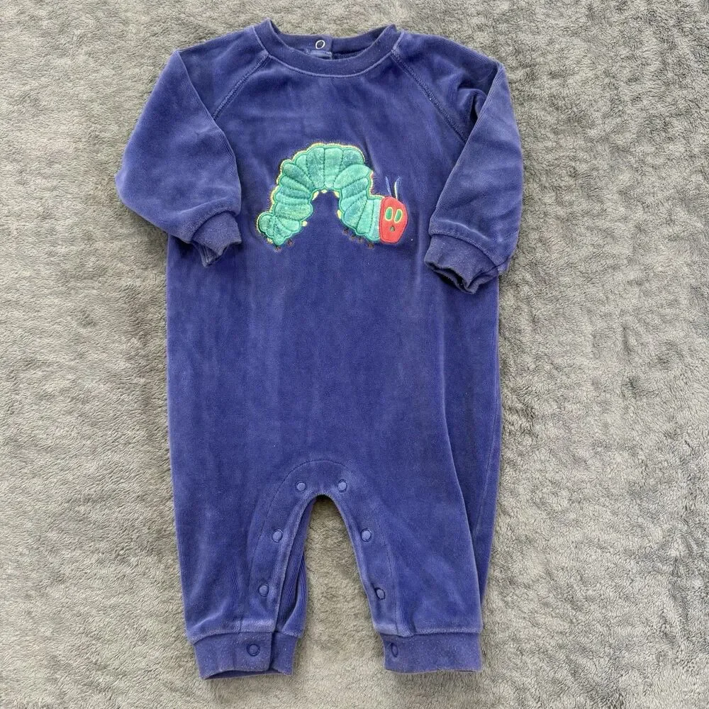 2003 Carters Eric Carle The Very Hungry Caterpillar Blue Velour Romper 6-9 Mon