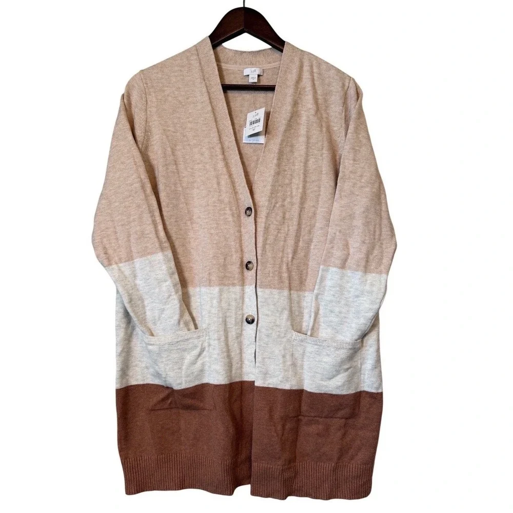J. Jill Colorblock Cardigan Minimalist Women M Tan Cream Brown Earth Tones NEW