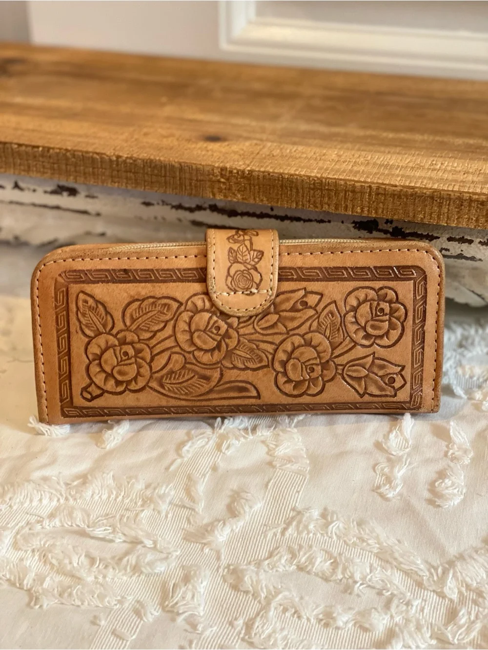 Vintage Hand-Tooled Floral Leather Wallet - Tan