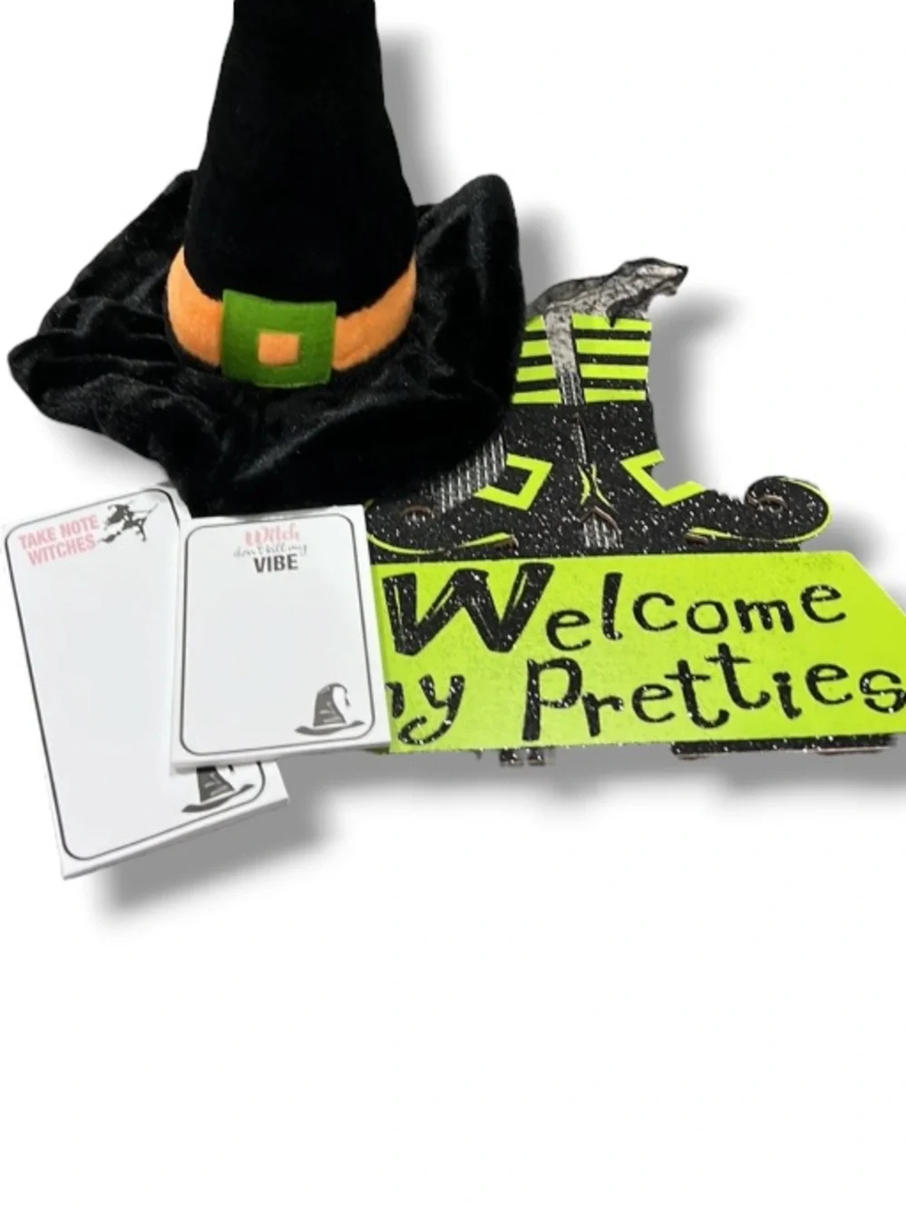 Halloween Witch Decor Lot Welcomes my Pretties Sign Witches Notespad Hat Plush