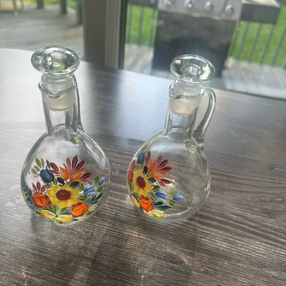 Hand-Painted Floral Glass Cruet Pair - Bright Multicolor