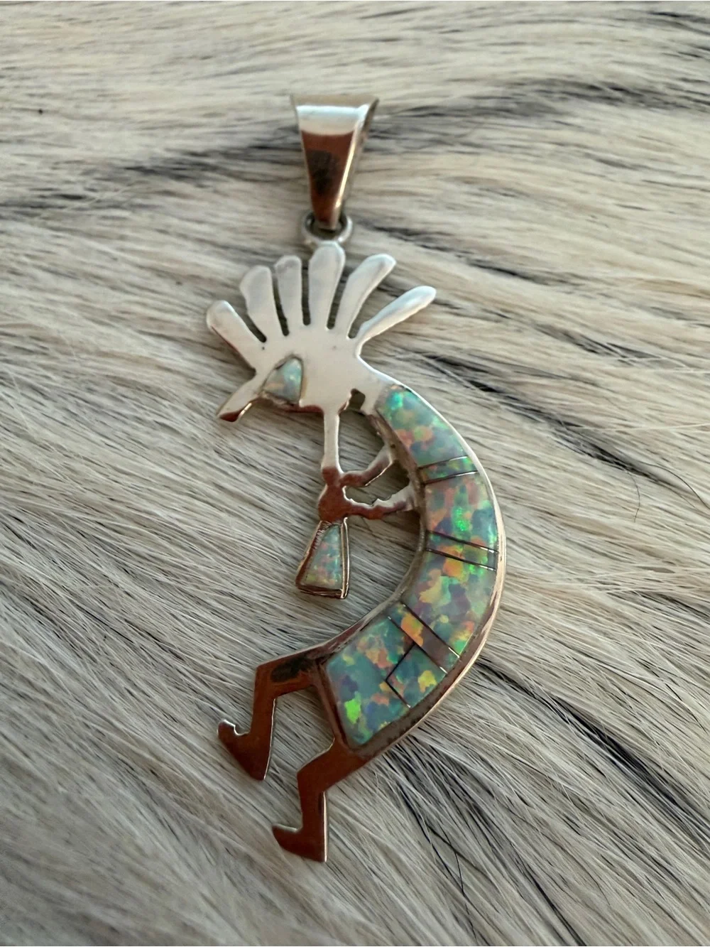 ❤️ Navajo Signed Zuni Style Kokopelli Multistone & Fiery Lab Opal 925 Pendant