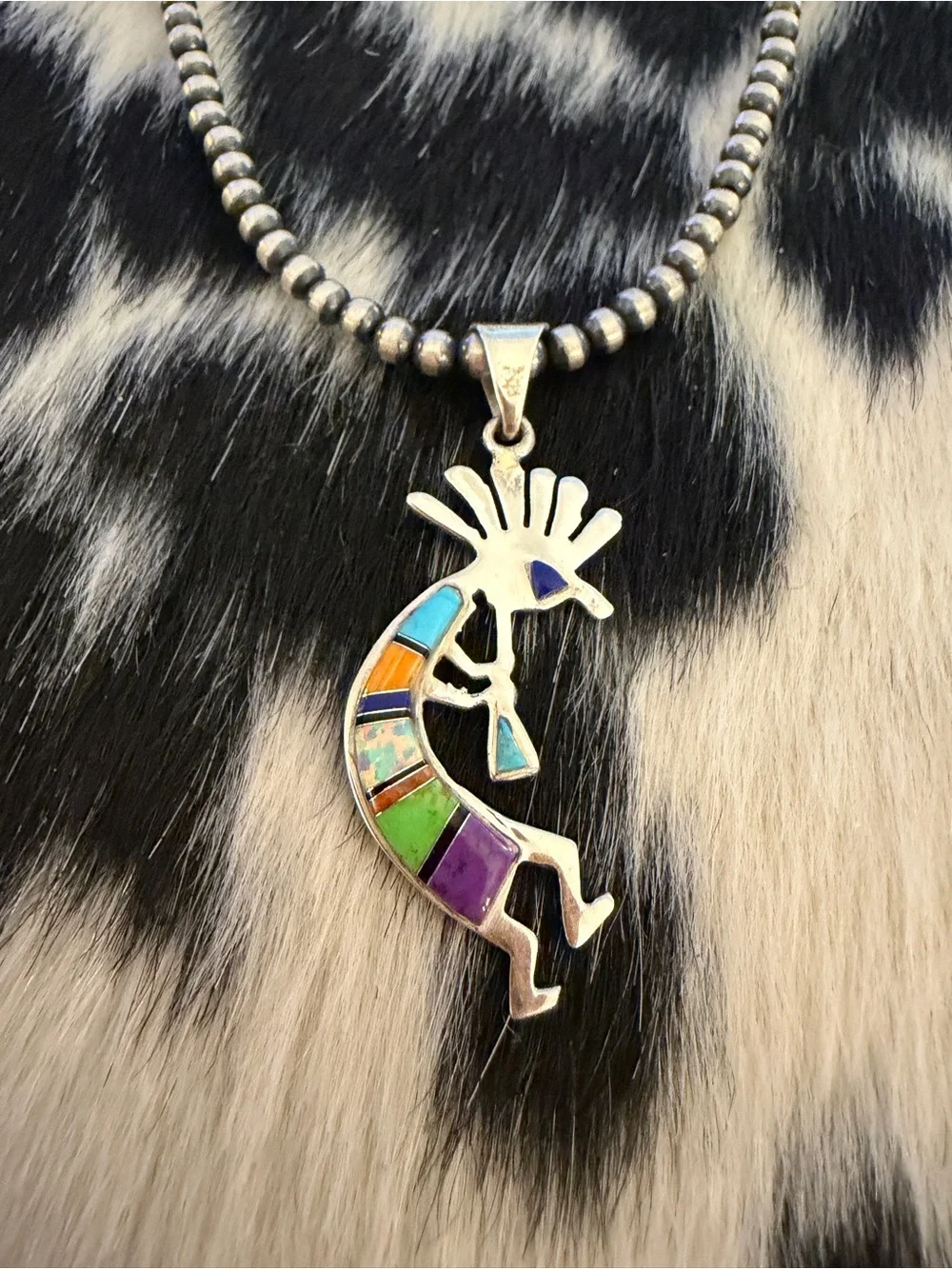 ❤️ Navajo Signed Zuni Style Kokopelli Multistone & Fiery Lab Opal 925 Pendant