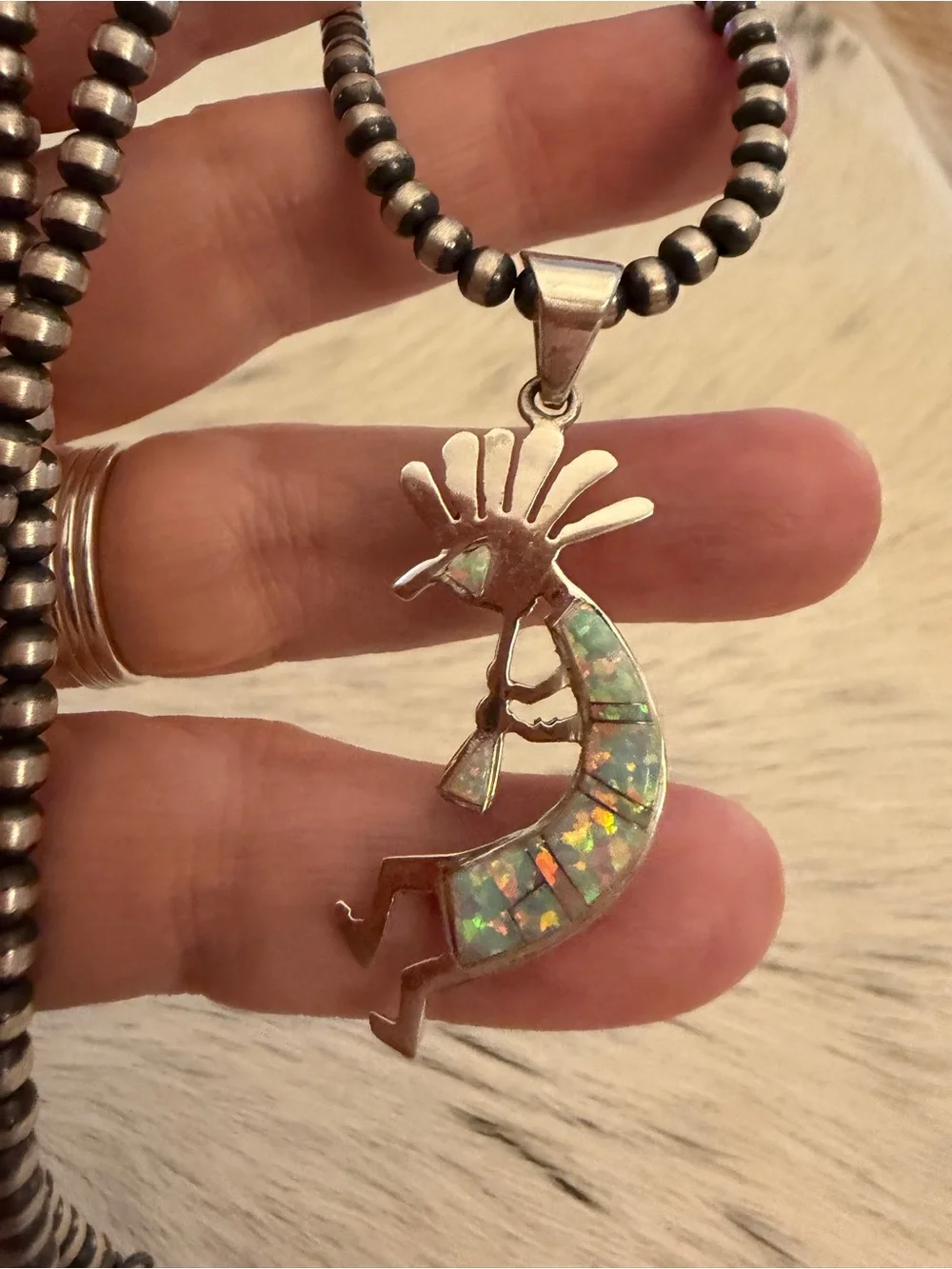 ❤️ Navajo Signed Zuni Style Kokopelli Multistone & Fiery Lab Opal 925 Pendant