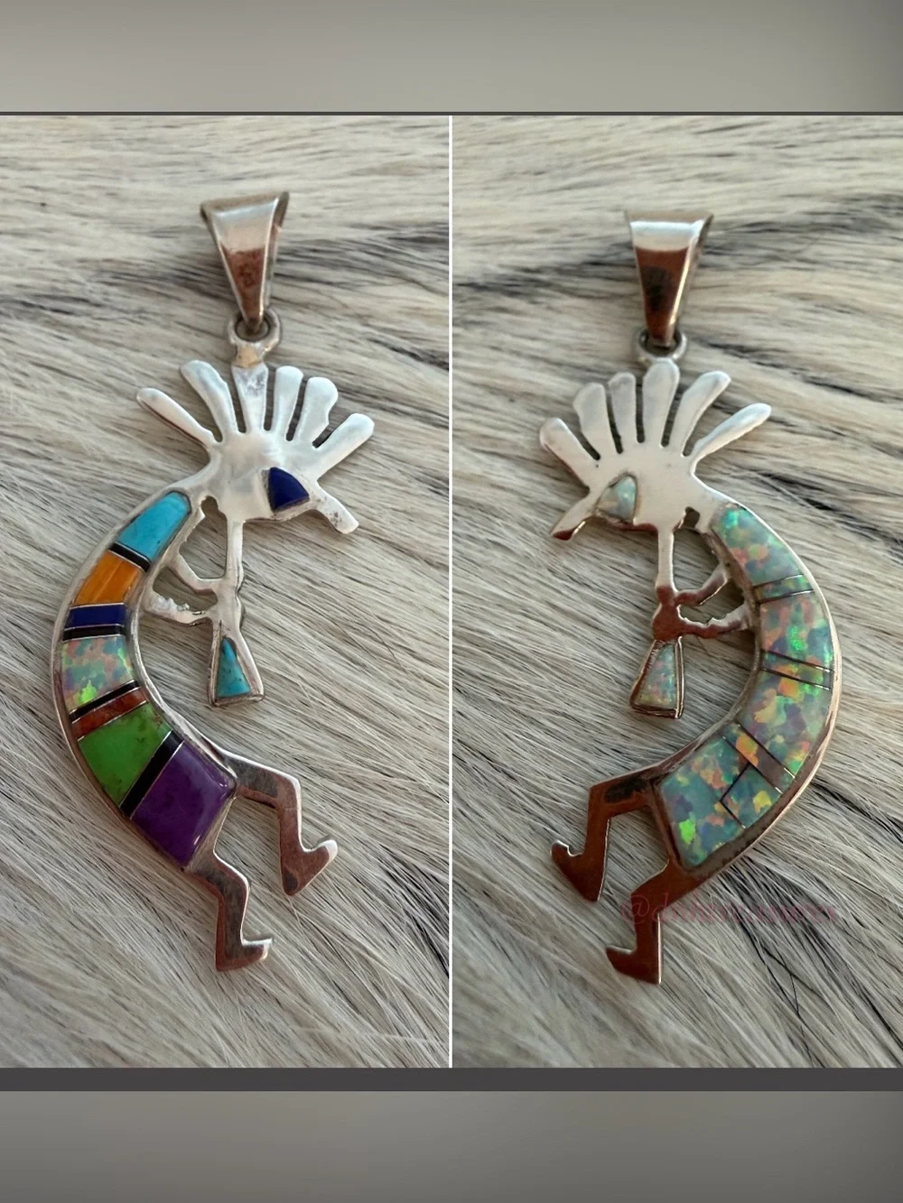 ❤️ Navajo Signed Zuni Style Kokopelli Multistone & Fiery Lab Opal 925 Pendant