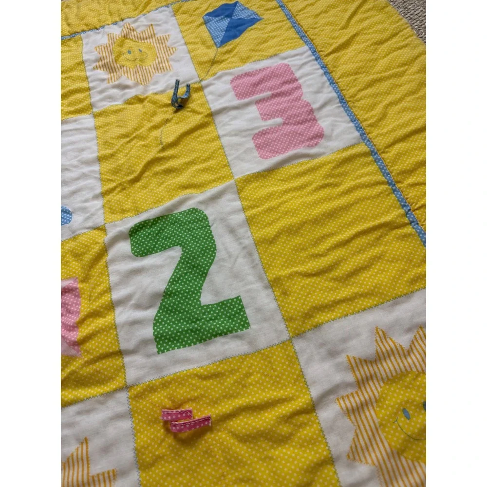 Vintage Handmade Baby Quilt Yellow Polka Dot Sun 123 Nursery Blanket crib