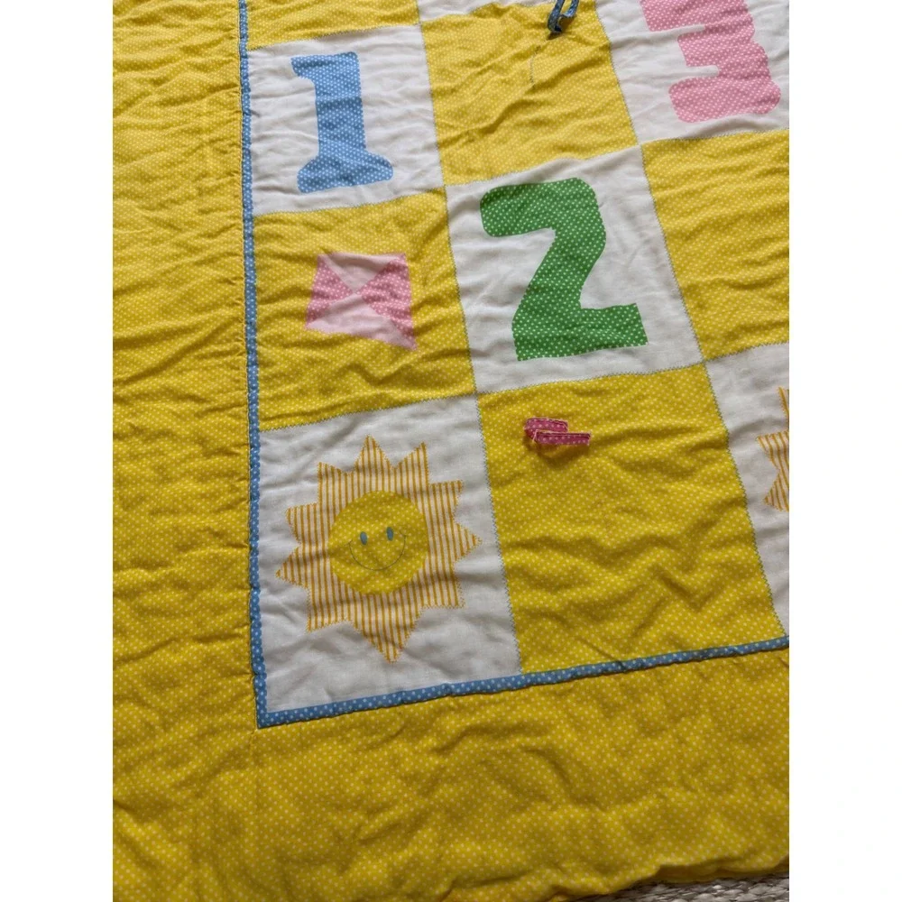 Vintage Handmade Baby Quilt Yellow Polka Dot Sun 123 Nursery Blanket crib